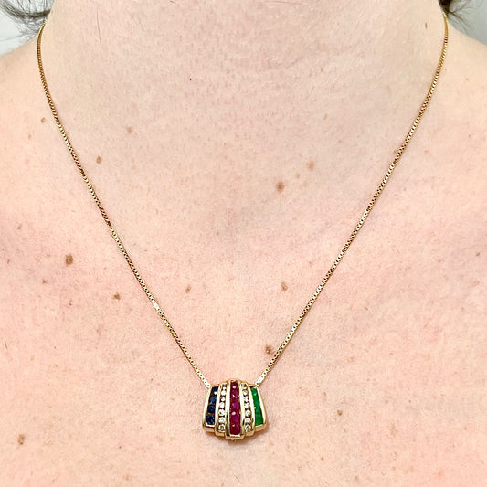 Vintage 14 Karat Yellow Gold Ruby, Sapphire, Emerald & Diamond Pendant - WeilJewelry