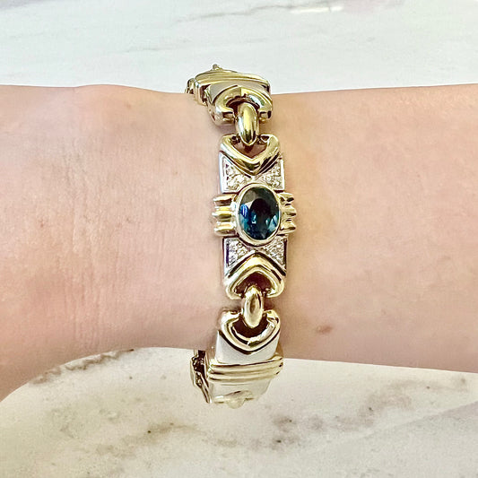 CLEARANCE 40% OFF - Vintage 1980’s 14 Karat Yellow & White Gold Blue Topaz, Green Sapphire, Amethyst & Diamond Statement Bracelet By Denoir - WeilJewelry