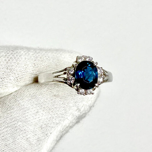 Japanese Platinum Natural Oval Sapphire & Diamond Halo Ring - WeilJewelry
