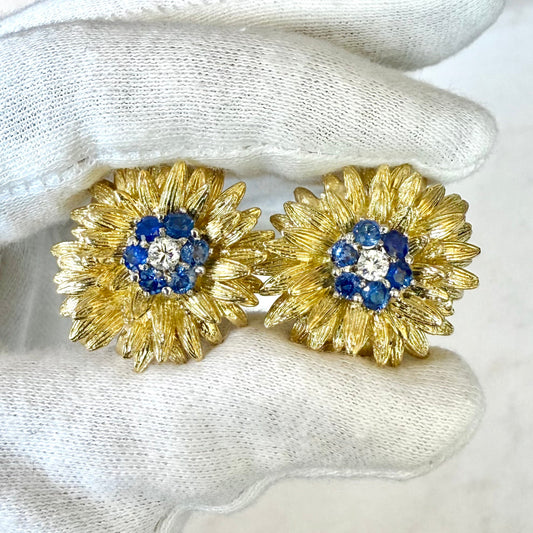 Magnificent Vintage Handcrafted 18 Karat Yellow Gold Sapphire & Diamond Flower Earrings - WeilJewelry
