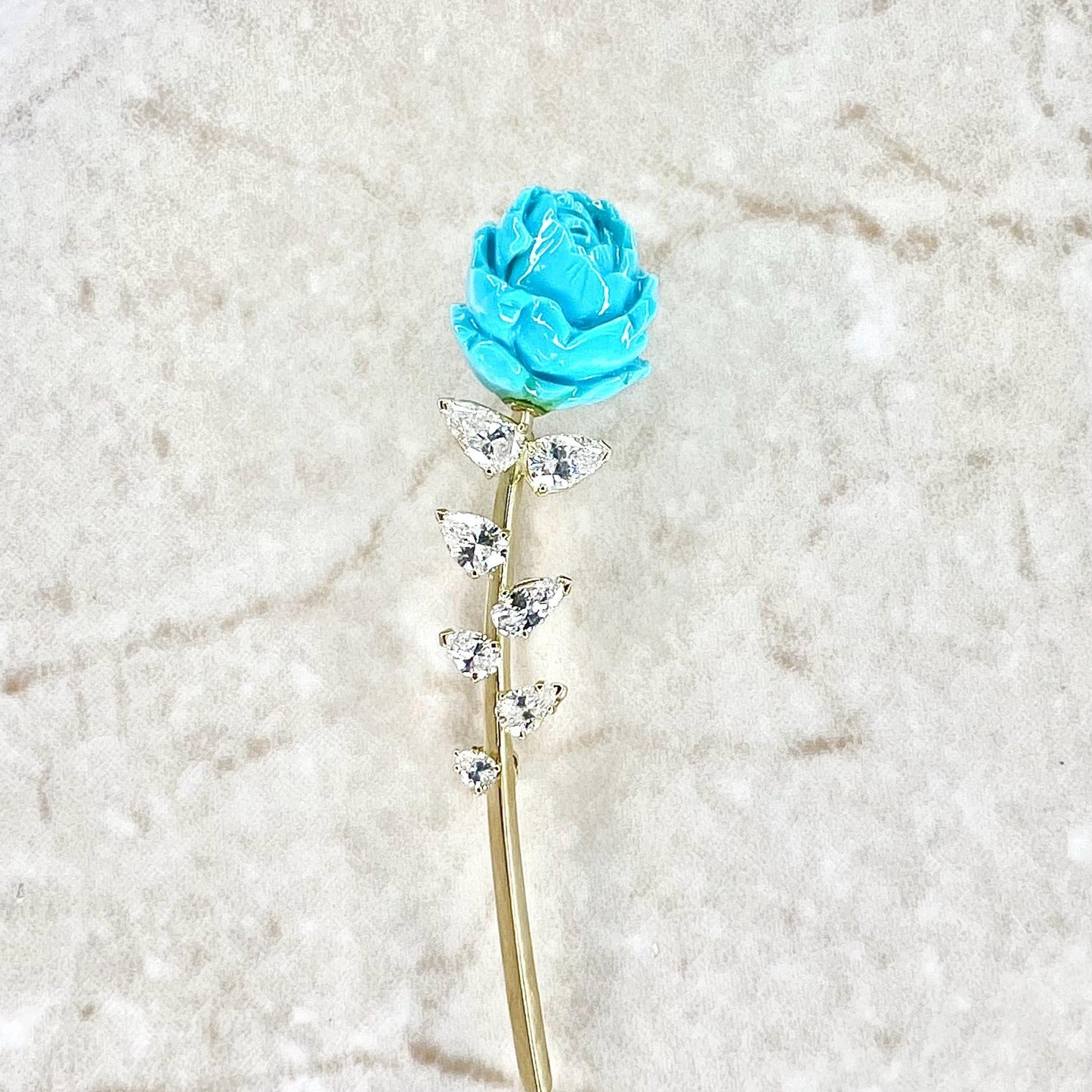 Rare Vintage 18 Karat Yellow Gold Diamond & Carved Turquoise Flower Brooch By Carvin French - WeilJewelry