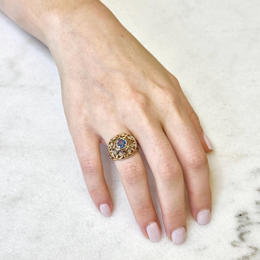 Rare Vintage 1960βs French 18K Rose Gold Untreated Sapphire & Diamond Dome Ring - WeilJewelry