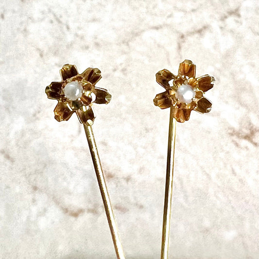 Set Of Two Antique 14 Karat Yellow Gold Seed Pearl Stick Pins / Hat Pins - WeilJewelry