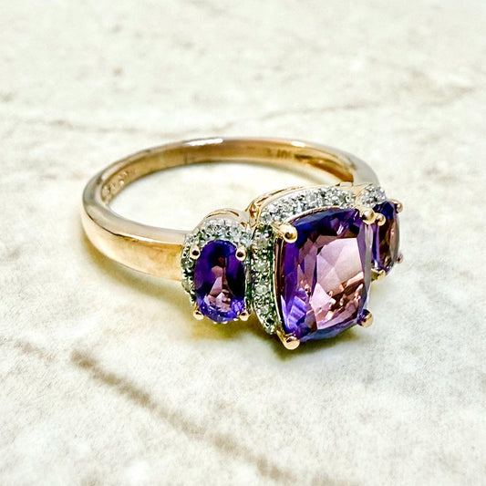 Solid 10K Rose Gold Amethyst & Diamond Halo Cocktail Ring - WeilJewelry