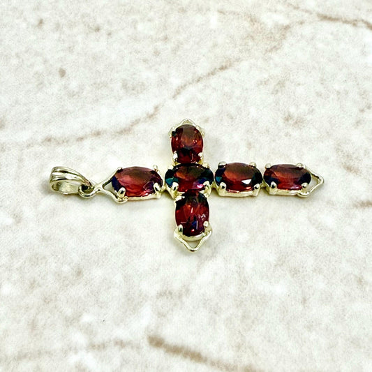 Solid 14K Yellow Gold Garnet Cross Pendant - WeilJewelry