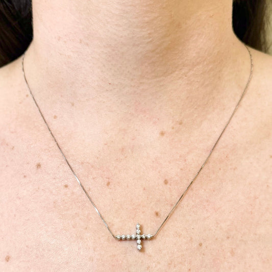 Solid 18 Karat White Gold Sideways Diamond Cross Pendant Necklace - WeilJewelry