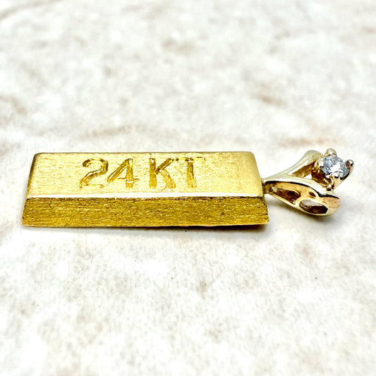 Solid 24K Pure Gold Bar Charm Pendant With Diamond Accent - WeilJewelry