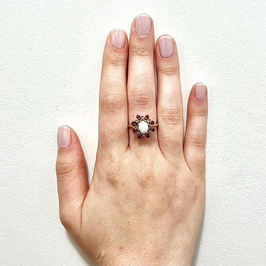 Vintage 10 Karat Yellow Gold Natural Opal, Diamond & Ruby Halo Ring - WeilJewelry