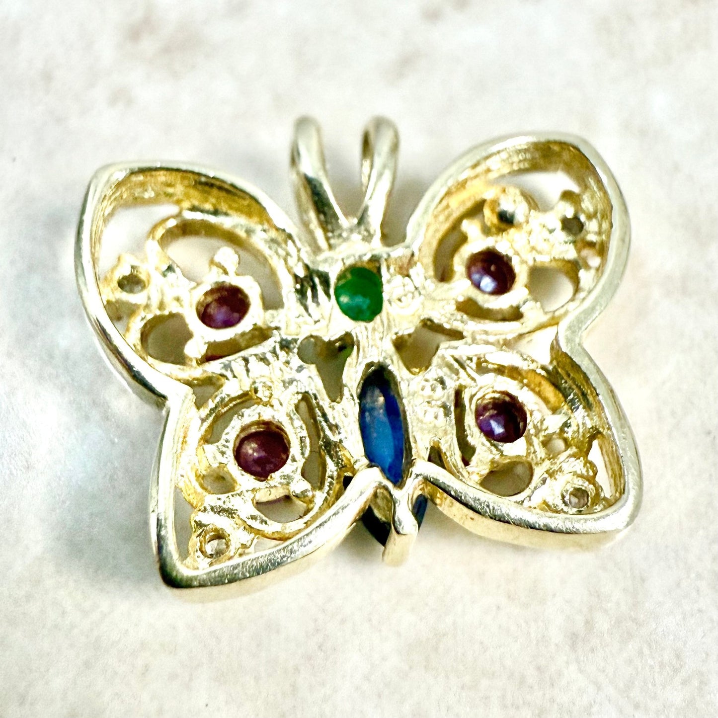 Vintage 14 Karat Gold Ruby, Sapphire, Emerald & Diamond Butterfly Pendant - WeilJewelry