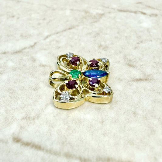Vintage 14 Karat Gold Ruby, Sapphire, Emerald & Diamond Butterfly Pendant - WeilJewelry