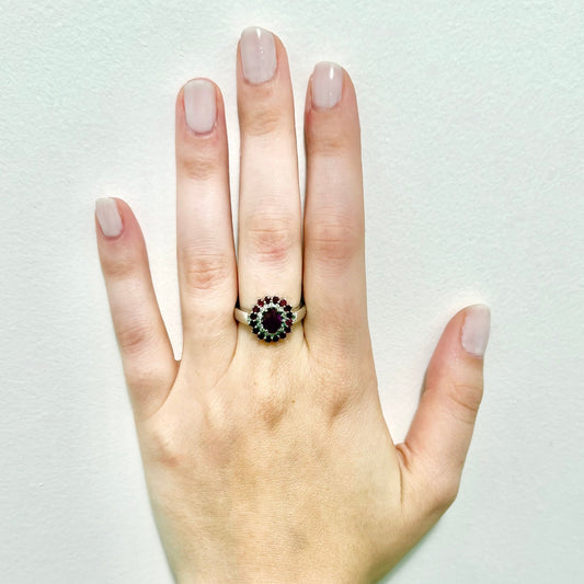 Vintage 14 Karat White Gold Ruby Double Halo Ring - WeilJewelry