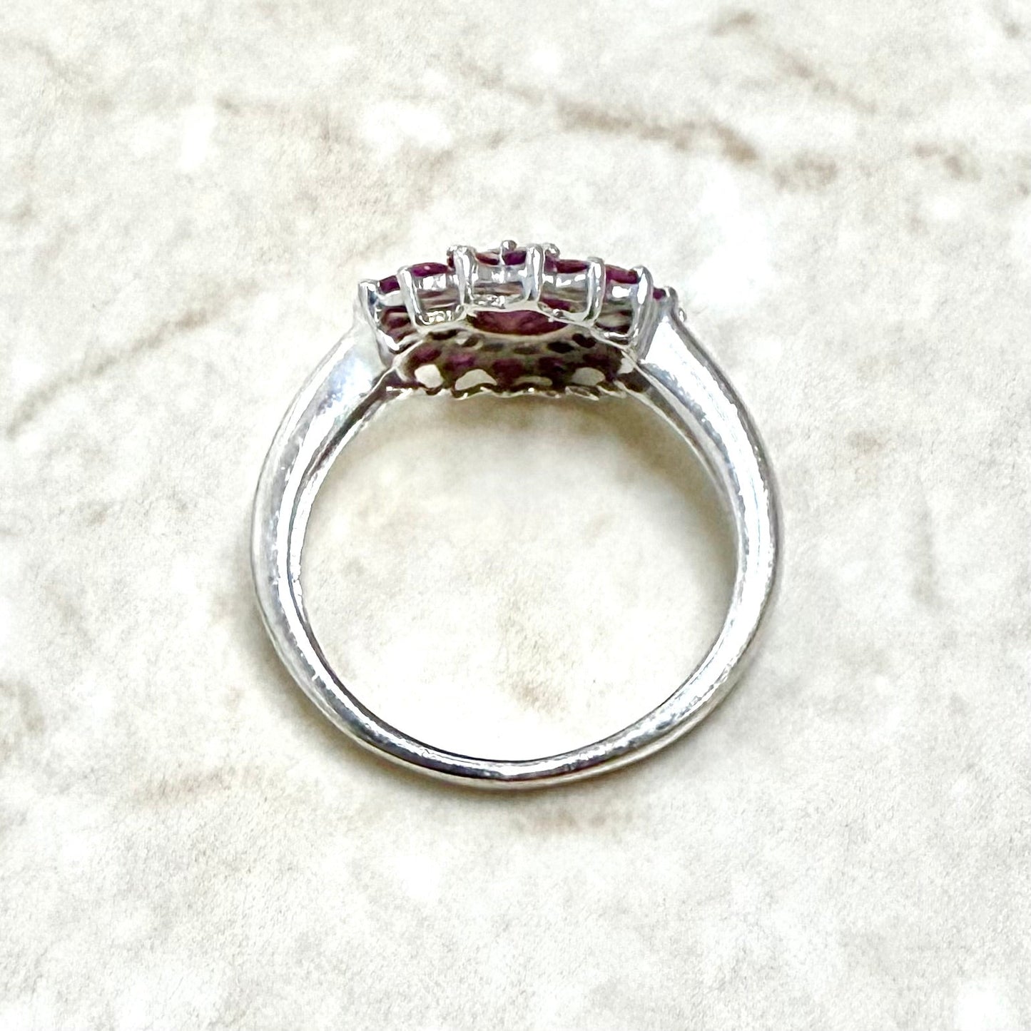 Vintage 14 Karat White Gold Ruby Double Halo Ring - WeilJewelry