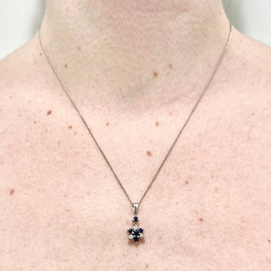 Vintage 14 Karat White Gold Sapphire Flower Pendant Necklace - WeilJewelry
