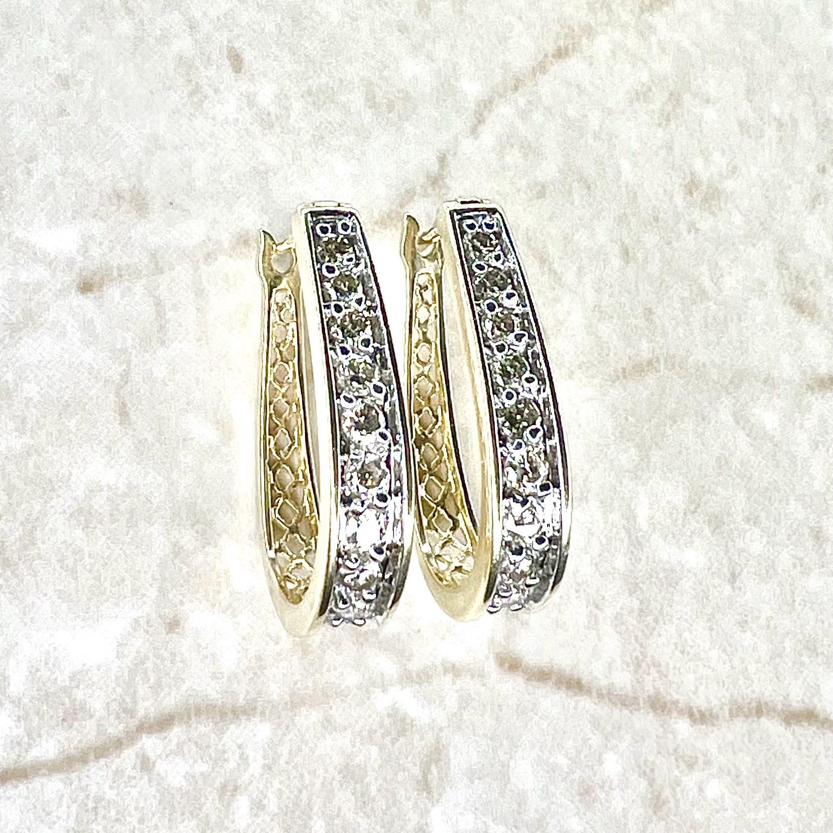 Vintage 14 Karat Yellow Gold Carat Diamond Hoop Earrings