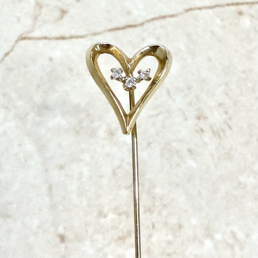 Vintage 14 Karat Yellow Gold Diamond Heart Stick Pin - WeilJewelry