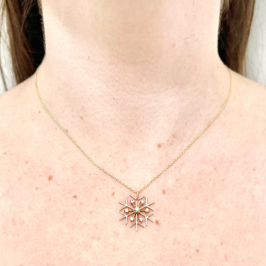 Vintage 14 Karat Yellow Gold Diamond Snowflake Pendant - WeilJewelry
