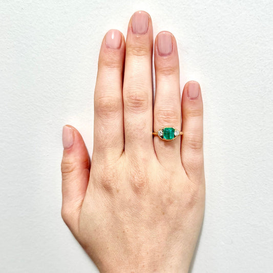 Vintage 14 Karat Yellow Gold Natural Diamond & Emerald 3 - Stone Ring - WeilJewelry