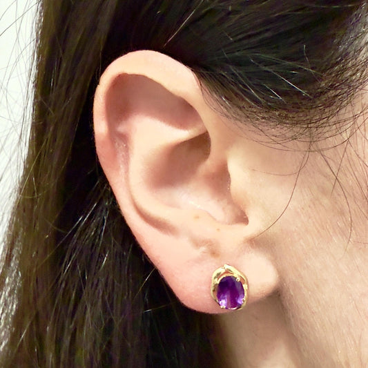 Vintage 14 Karat Yellow Gold Oval Amethyst Stud Earrings - WeilJewelry