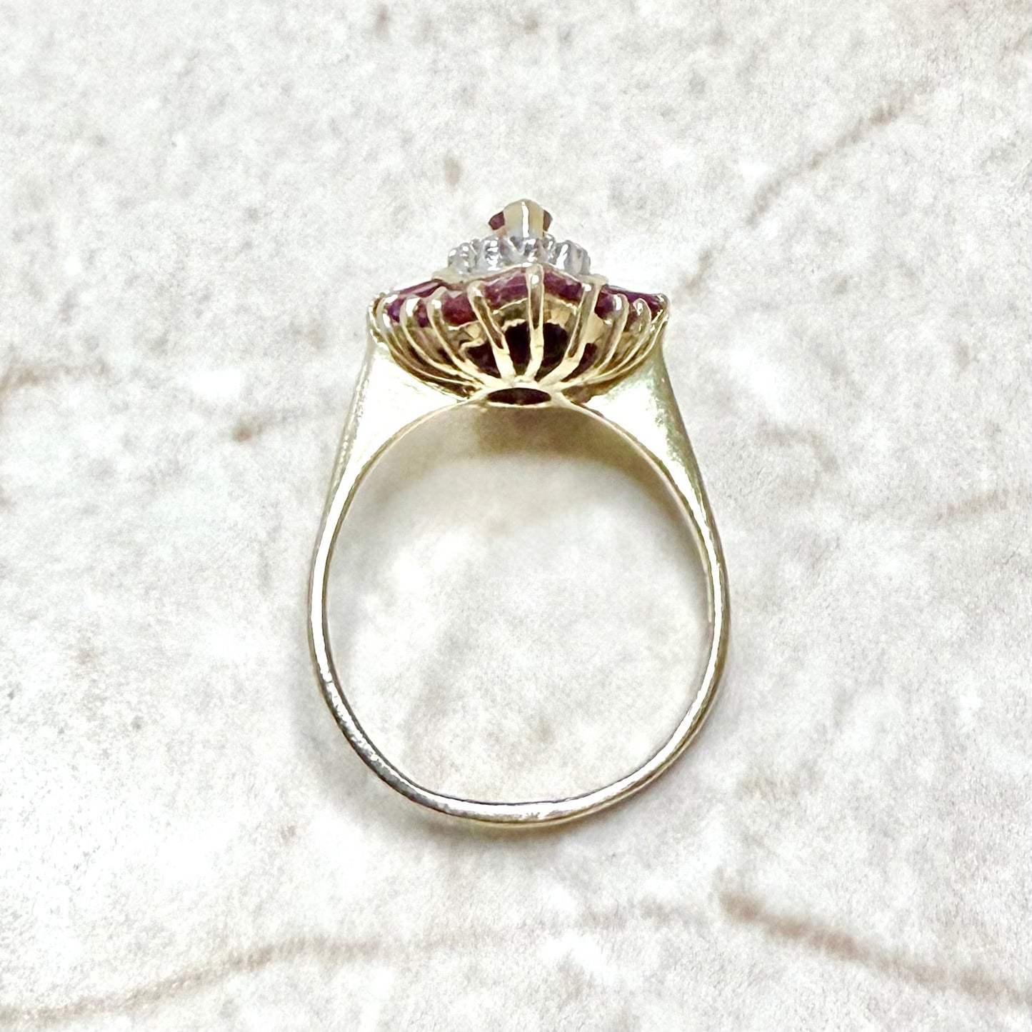 Vintage 14 Karat Yellow Gold Ruby & Diamond Double Halo Ring - WeilJewelry