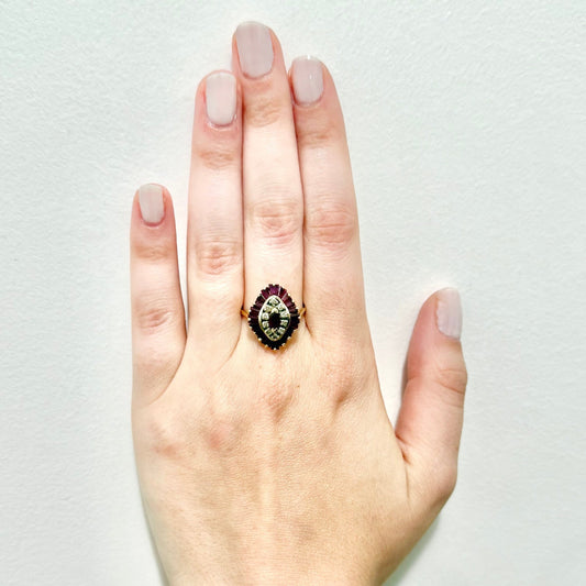 Vintage 14 Karat Yellow Gold Ruby & Diamond Double Halo Ring - WeilJewelry