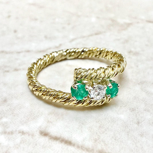 Vintage 14K Yellow Gold Diamond & Emerald Rope Twist Bypass Ring - WeilJewelry