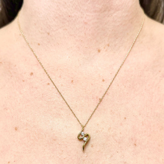 Vintage 14K Yellow Gold Wavy 2 - Stone 0.18 Carat Natural Diamond Pendant - WeilJewelry