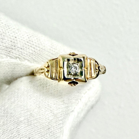 Vintage Art Deco 14K Yellow Gold 0.03 Carat Diamond Solitaire Ring - WeilJewelry