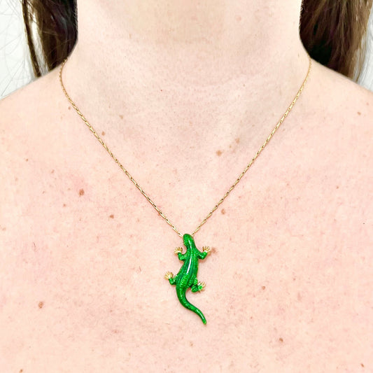 Vintage Handcrafted 18 Karat Yellow Gold & Enamel Lizard Pendant Necklace By Carvin French - WeilJewelry