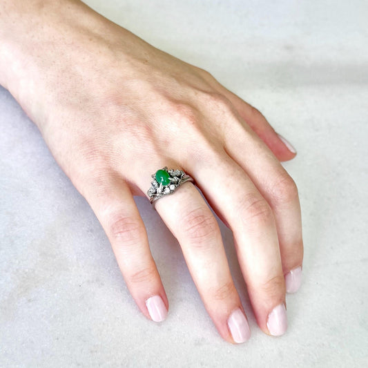 Vintage Mid - Century Platinum Natural Green Jade & Diamond Cocktail Ring - WeilJewelry
