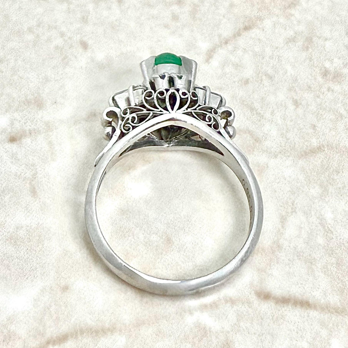 Vintage Mid - Century Platinum Natural Green Jade & Diamond Cocktail Ring - WeilJewelry