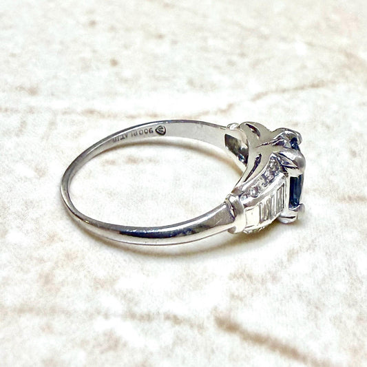 Vintage Mid - Century Platinum Oval Sapphire & Diamond Ring - WeilJewelry