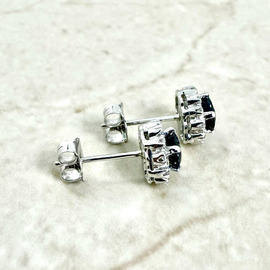 Vintage Platinum & 14K White Gold Oval Sapphire Halo Stud Earrings - WeilJewelry