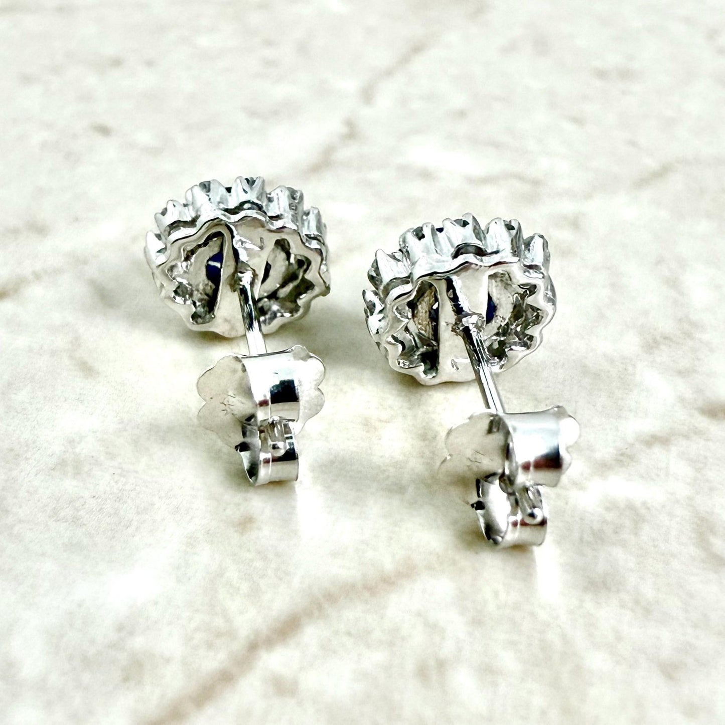 Vintage Platinum & 14K White Gold Oval Sapphire Halo Stud Earrings - WeilJewelry