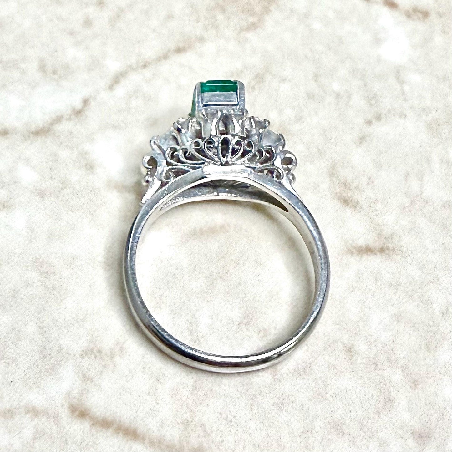 Vintage Platinum Natural Diamond & Emerald Cut Emerald Ring - WeilJewelry