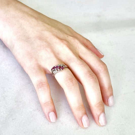 Vintage Platinum Natural Diamond & Ruby 5 - Stone Ring - WeilJewelry