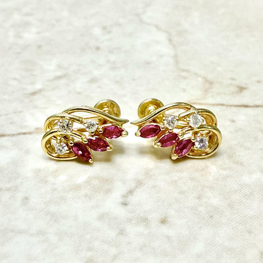 Vintage Solid 14 Karat Yellow Gold Ruby & Diamond Clip - On Screw Earrings - WeilJewelry