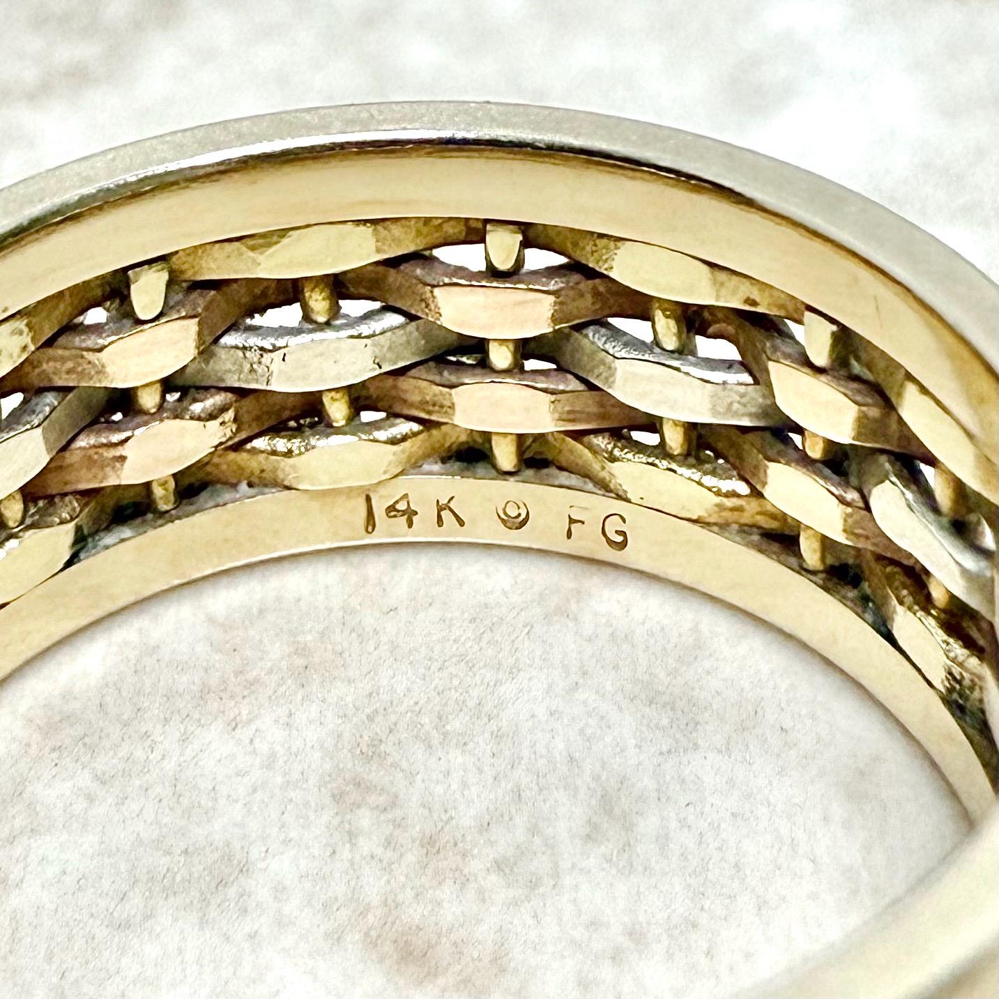 Vintage Solid 14K Tri Tone Gold Basket Weave Wedding Band Ring - WeilJewelry