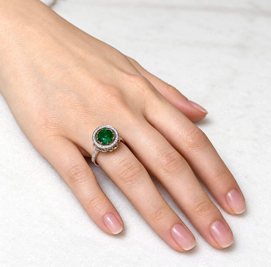 ZYDO Italy "Giardino Divino" 18K White Gold 1.82 CT Natural Emerald & Diamond Halo Ring - WeilJewelry