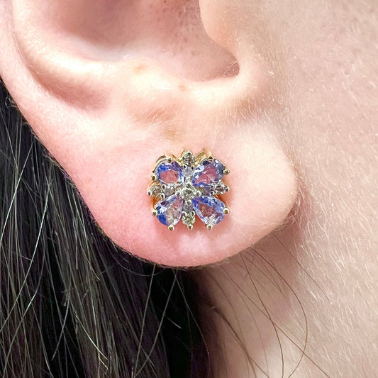 10 Karat Two - Tone Tanzanite Flower Stud Earrings - WeilJewelry