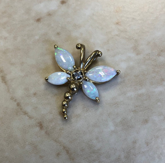 10 Karat Yellow Gold Natural Opal & Diamond Dragonfly Pendant - WeilJewelry