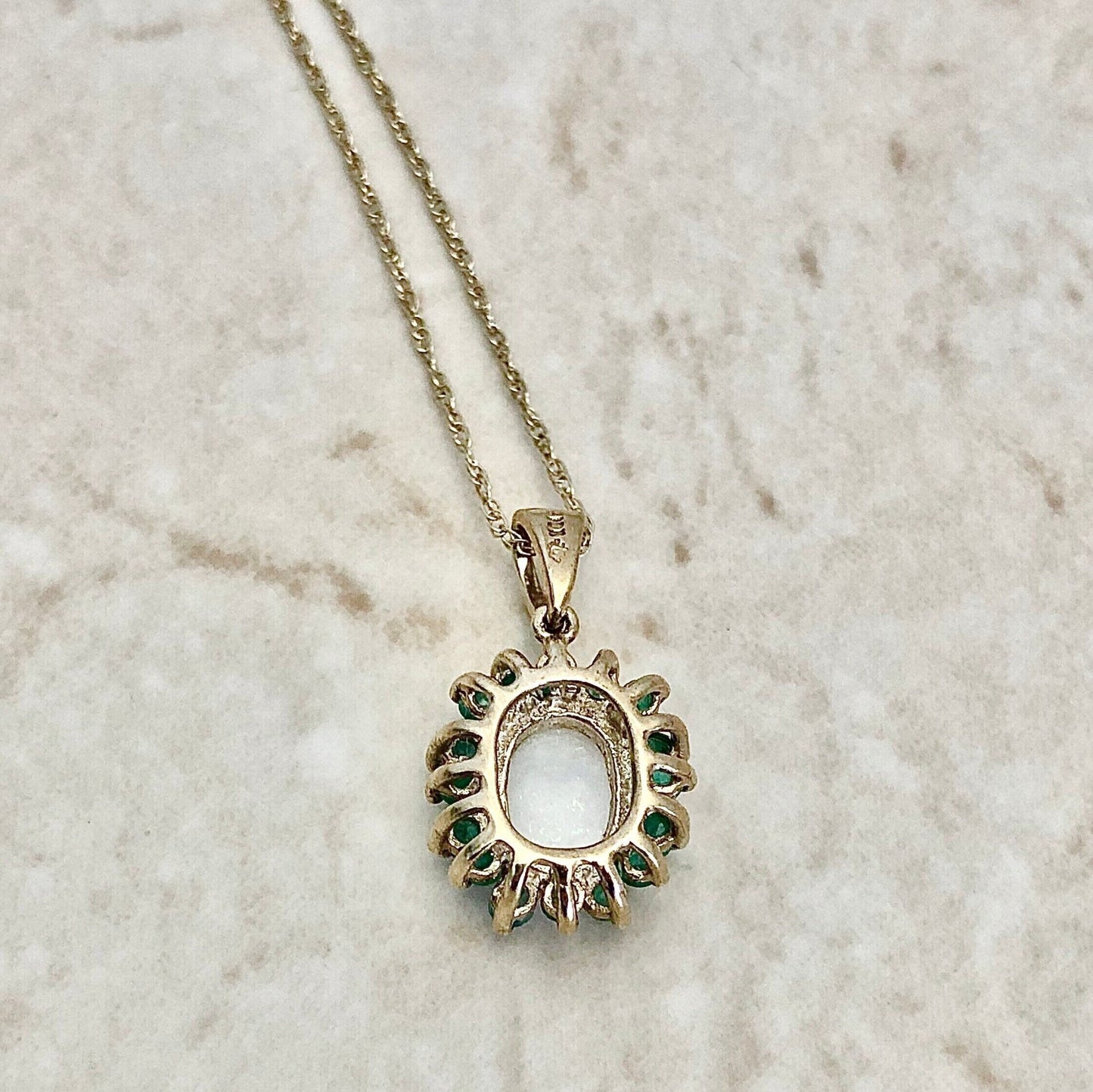 10 Karat Yellow Gold Natural Opal & Emerald Halo Pendant Necklace - WeilJewelry