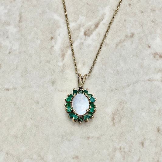 10 Karat Yellow Gold Natural Opal & Emerald Halo Pendant Necklace - WeilJewelry