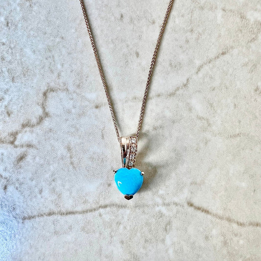 14 Karat Rose Gold Heart Turquoise & Diamond Pendant Necklace - WeilJewelry
