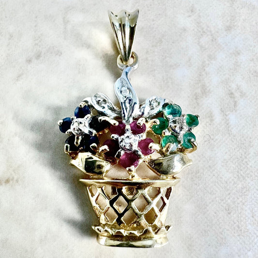 14 Karat Two - Tone Ruby, Sapphire, Emerald & Diamond Flower Pot Pendant - WeilJewelry