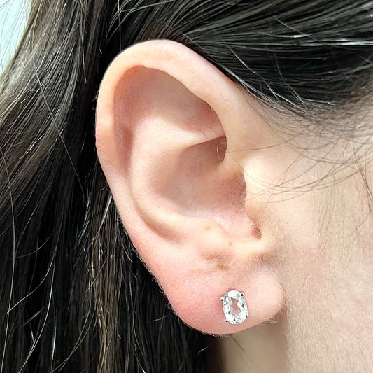 14 Karat White Gold April Birthstone Oval White Topaz Stud Earrings - WeilJewelry