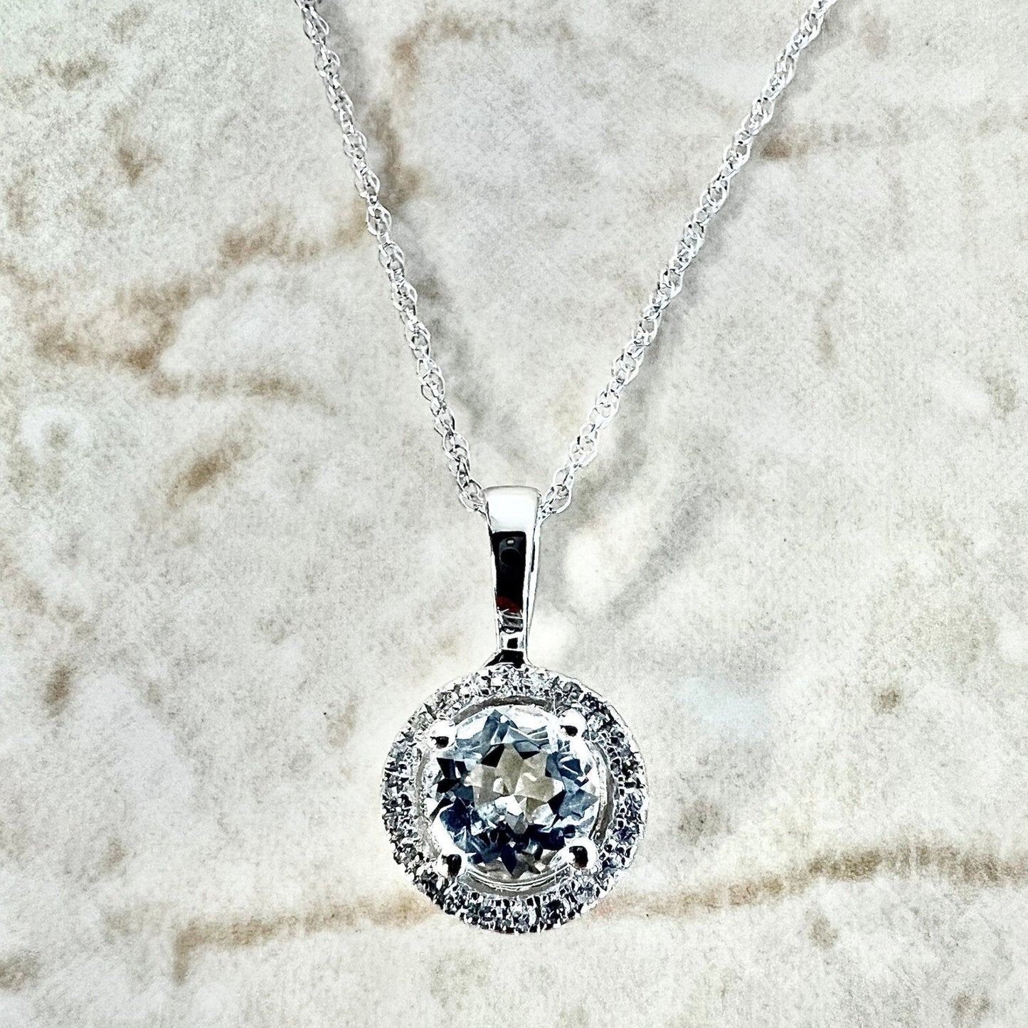 14 Karat White Gold April Birthstone Round White Topaz & Diamond Halo Pendant Necklace - WeilJewelry
