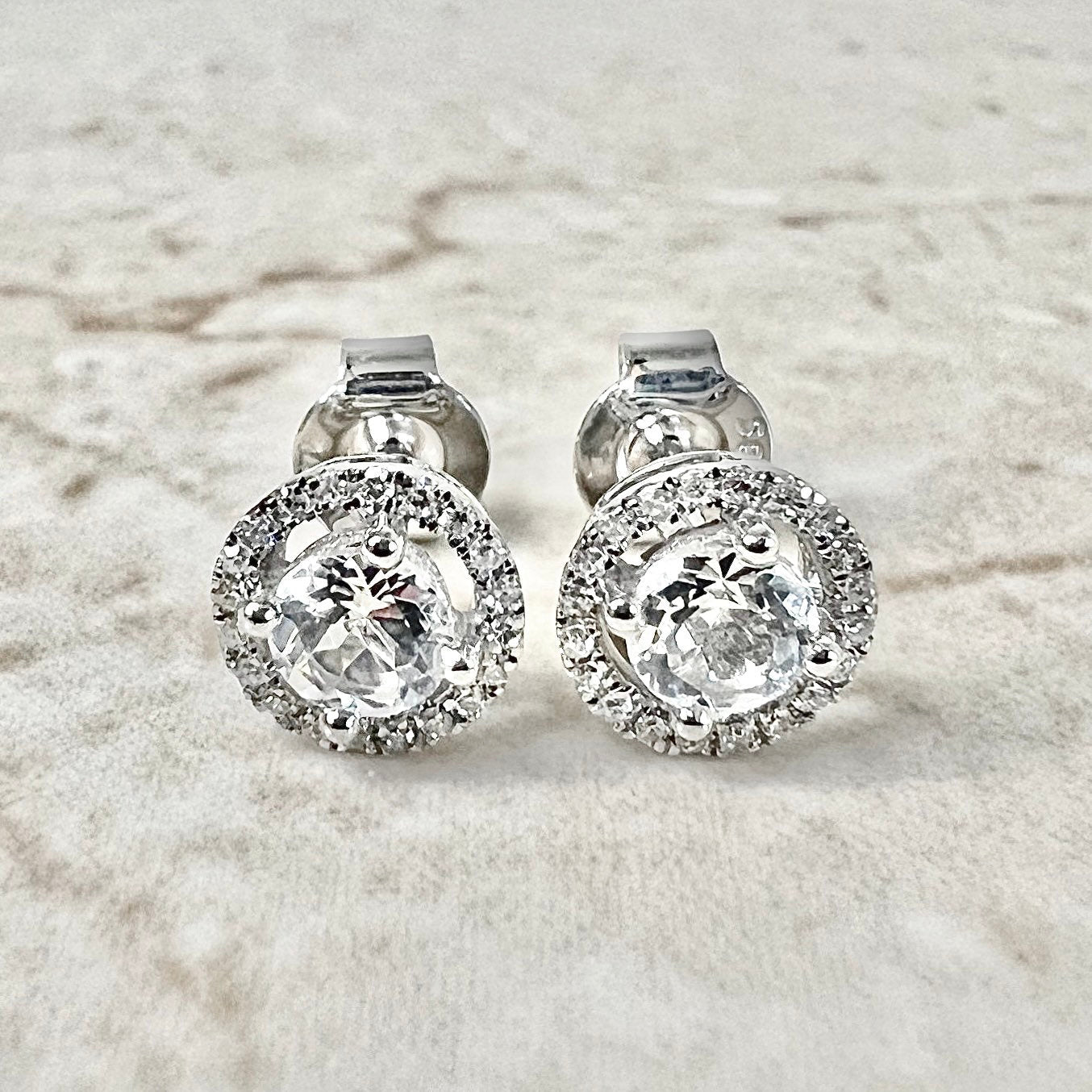 14 Karat White Gold April Birthstone Round White Topaz & Diamond Halo Stud Earrings - WeilJewelry