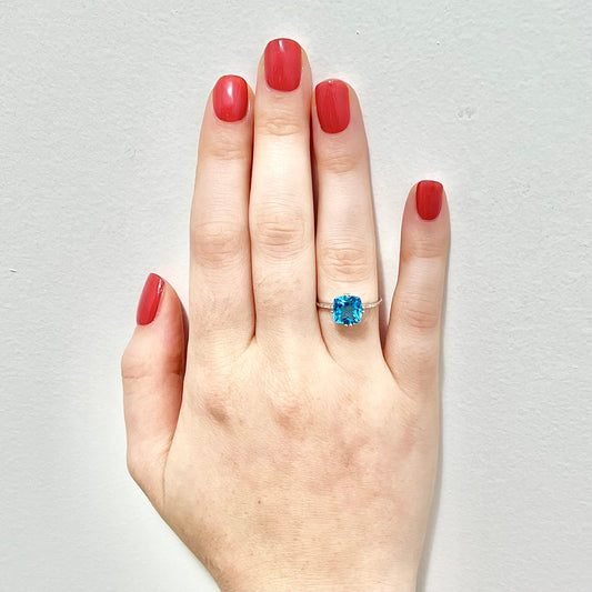 14 Karat White Gold Cushion Cut Swiss Blue Topaz & Diamond Ring - WeilJewelry