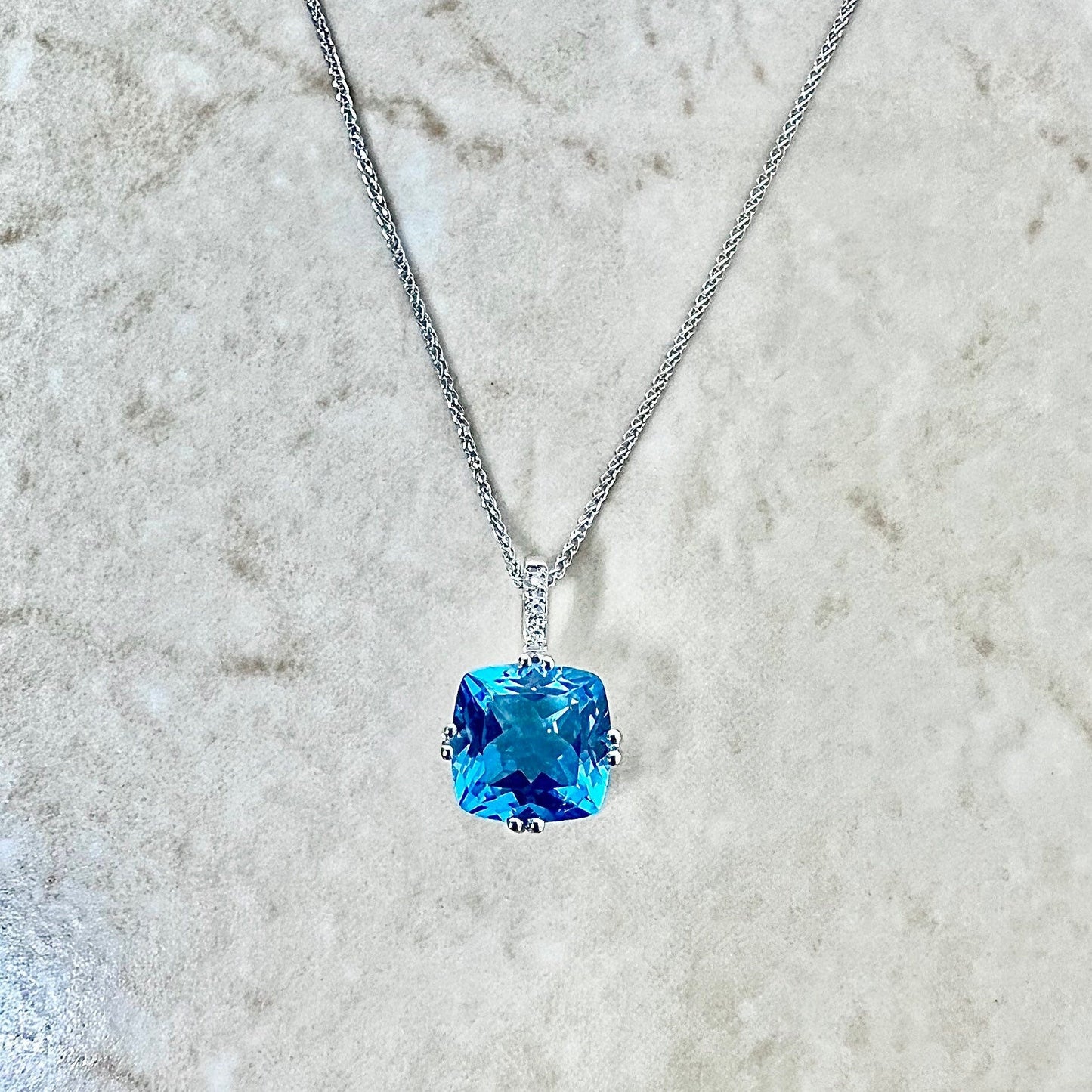 Large 14K Swiss Blue Topaz & Diamond Pendant Necklace - White Gold Topaz Pendant - November December Birthstone - Birthday Gift For Her