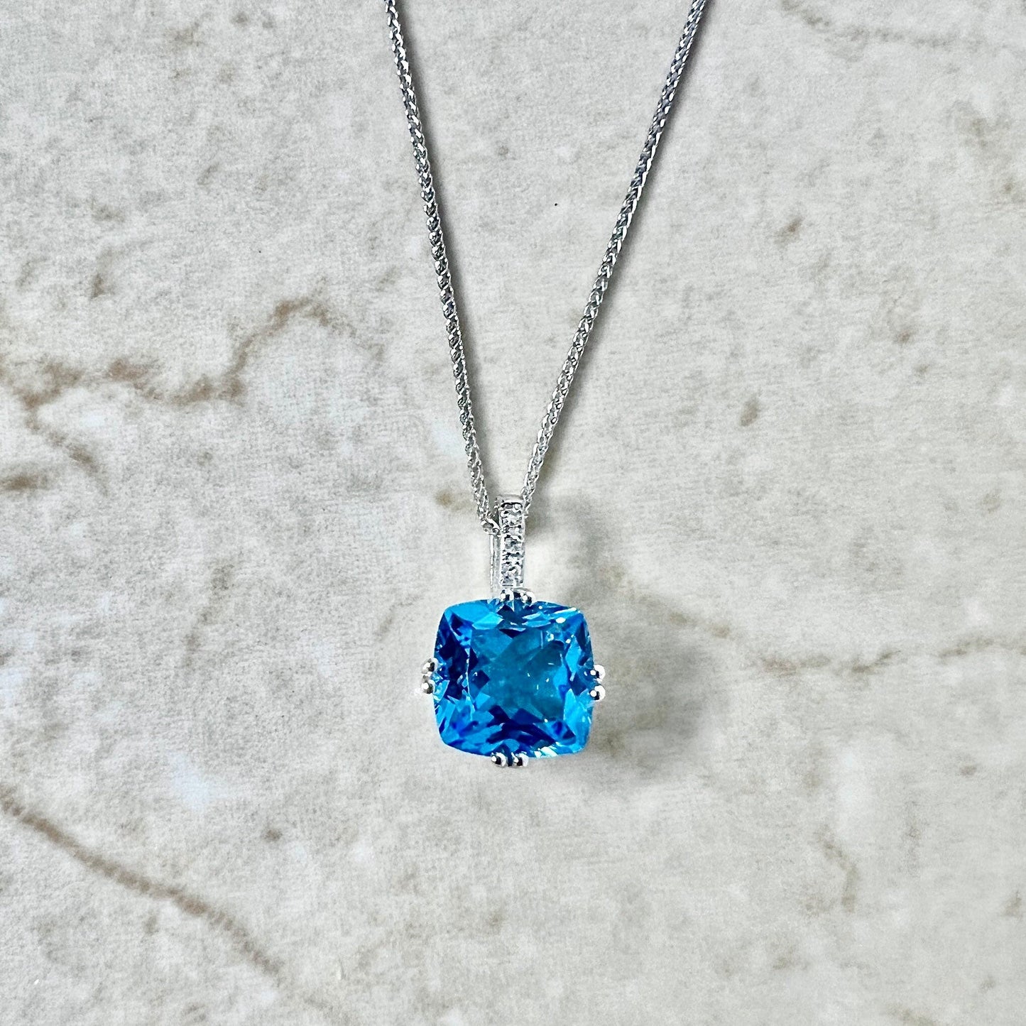 Large 14K Swiss Blue Topaz & Diamond Pendant Necklace - White Gold Topaz Pendant - November December Birthstone - Birthday Gift For Her